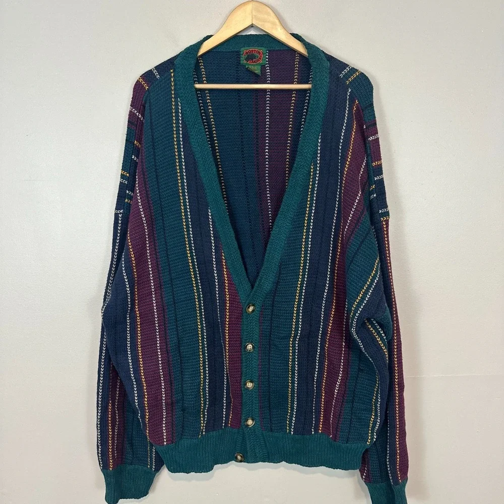 Vintage Boston Traders Blue Grandpa Cardigan Sweater L Striped Tight Knit Men 4X